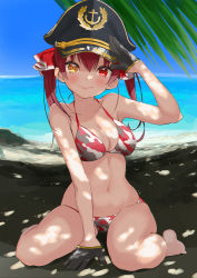 Rule 34 | 1girl, beach, bikini, black gloves, breasts, camouflage, camouflage bikini, cleavage, day, gloves, hair ribbon, hat, heterochromia, highres, hololive, houshou marine, large breasts, long hair, looking at viewer, navel, ocean, outdoors, peaked cap, red eyes, red hair, red ribbon, ribbon, salute, sitting, solo, swimsuit, twintails, virtual youtuber, wariza, yellow eyes, yoyoshi renga