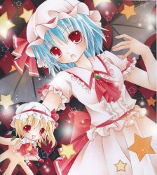 Rule 34 | 2girls, ankle socks, ascot, bat wings, blonde hair, blue hair, brooch, checkered background, flandre scarlet, fuuki oto (suzu no ne monogatari), hat, hat ribbon, jewelry, leaning, light particles, looking at viewer, marker (medium), mary janes, mini person, minigirl, mob cap, multiple girls, open mouth, outstretched arm, red eyes, remilia scarlet, ribbon, shoes, short hair, short sleeves, siblings, side ponytail, sisters, skirt, skirt set, socks, star (symbol), touhou, traditional media, wings