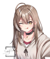 Rule 34 | 1girl, ahoge, black choker, blush, brown eyes, brown hair, brown hoodie, cherry earrings, choker, earrings, food-themed earrings, food themed earrings, highres, hololive, hololive english, hood, hoodie, jewelry, long hair, looking at viewer, multicolored hair, nanashi mumei, nanashi mumei (casual), official alternate costume, one eye closed, shirt, skyrail, smile, solo, streaked hair, tongue, tongue out, virtual youtuber, white hair, white shirt