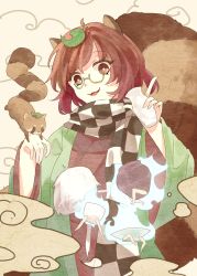 Rule 34 | 1girl, :d, animal ears, checkered clothes, checkered scarf, cup, forbidden scrollery, futatsuiwa mamizou, glasses, green kimono, highres, holding, holding cup, japanese clothes, kimono, leaf, leaf on head, long sleeves, looking at viewer, open mouth, raccoon ears, raccoon girl, raccoon tail, scarf, short hair, smile, solo, tail, tanuki, touhou, zhixie jiaobu