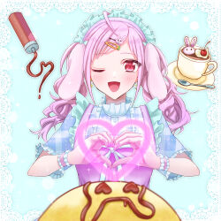 Rule 34 | 1girl, ahoge, animal-themed food, apron, blue background, blush, carrot hair ornament, cherry, chocolate, cup, food, food-themed hair ornament, frilled apron, frilled shirt collar, frills, fruit, hair ornament, hairclip, heart, heart hands, highres, long hair, looking at viewer, maid, maid headdress, mug, omelet, omurice, one eye closed, open mouth, original, pink eyes, pink hair, plaid, plaid shirt, rabbit hair ornament, rararakkoyade, saucer, shirt, short sleeves, smile, solo, sparkle, spoon, squeeze bottle, twintails, whipped cream, wrist cuffs
