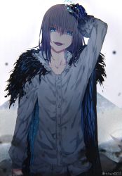 Rule 34 | 1boy, adjusting clothes, adjusting headwear, black cape, blue eyes, buttons, cape, claws, commentary, diamond hairband, fate/grand order, fate (series), frilled shirt collar, frills, grey hair, hand on own head, highres, insect wings, long sleeves, looking at viewer, looking down, male focus, medium hair, oberon (fate), oberon (third ascension) (fate), open mouth, reluvy, shirt, simple background, slit pupils, smile, solo, spoilers, teeth, tongue, twitter username, upper teeth only, white background, white shirt, wings