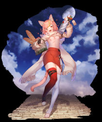 Rule 34 | 1girl, :d, absurdres, animal ear fluff, animal ears, animal feet, asymmetrical legwear, blonde hair, bottle, breasts, cat ears, cat girl, cat tail, fingerless gloves, gloves, heart, highres, holding, holding bottle, lingxia, long sleeves, looking at viewer, mismatched legwear, multicolored hair, nipples, open mouth, original, pink eyes, pink hair, pussy juice, red skirt, red thighhighs, short eyebrows, short hair, skirt, small breasts, smile, solo, stirrup legwear, streaked hair, tail, thick eyebrows, thighhighs, toeless legwear, white thighhighs