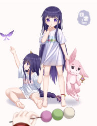 Rule 34 | 2girls, absurdres, anklet, arm up, barefoot, bell, bow, braid, bug, butterfly, cameo, character doll, dango, finger to mouth, food, genshin impact, hair bow, hair ornament, hair ribbon, highres, holding, holding skewer, insect, jewelry, long hair, looking to the side, low-tied long hair, makoto (genshin impact), multiple girls, oversized clothes, oversized shirt, parted lips, pointing, pointing at self, pointing up, pov, purple eyes, purple hair, raiden shogun, ribbon, shirt, shirt tug, single braid, skewer, skym (kumei), soles, stuffed fox, toes, wagashi, white background, white shirt, yae miko, yae miko (fox), aged down