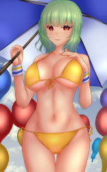Rule 34 | 1girl, alternate costume, ascot, balloon, bikini, blue umbrella, breasts, cleavage, closed mouth, cowboy shot, green hair, hand on own chest, highres, holding, holding umbrella, kazami yuuka, large breasts, looking at viewer, midriff, multicolored umbrella, navel, red eyes, short hair, shounen (hogehoge), skirt, smile, solo, standing, swimsuit, touhou, touhou lostword, two-tone umbrella, umbrella, white umbrella, wrist cuffs, yellow ascot, yellow bikini