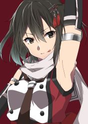 Rule 34 | 10s, 1girl, armpits, black gloves, brown eyes, brown hair, elbow gloves, gloves, hair ornament, highres, kantai collection, looking at viewer, presenting armpit, red background, rinto (rint rnt), scarf, school uniform, sendai (kancolle), sendai kai ni (kancolle), serafuku, short hair, simple background, smile, solo, two side up, upper body, white scarf