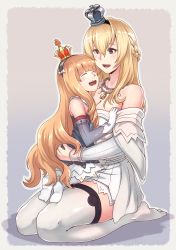 Rule 34 | 2girls, ^ ^, azur lane, blonde hair, blunt bangs, braid, closed eyes, crossover, crown, dress, edwin (cyberdark impacts), flower, french braid, garter straps, gloves, hairband, highres, jewelry, kantai collection, long hair, long sleeves, mini crown, multiple girls, necklace, off-shoulder dress, off shoulder, open mouth, pantyhose, queen elizabeth (azur lane), red flower, red ribbon, red rose, ribbon, rose, sitting, smile, thighhighs, trait connection, warspite (kancolle), white dress, white gloves, white legwear