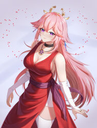 Rule 34 | 1girl, alternate costume, animal ears, arms at sides, bare shoulders, black choker, breasts, bridal gauntlets, choker, cleavage, closed mouth, commentary, cowboy shot, dealesis, dress, elbow gloves, falling petals, floppy ears, fox ears, genshin impact, gloves, grey background, hair ornament, highres, jewelry, lips, long hair, looking at viewer, medium breasts, nail polish, necklace, petals, pink hair, purple eyes, red dress, red nails, sash, side slit, sideboob, sidelocks, simple background, sleeveless, sleeveless dress, smile, solo, thighhighs, thighs, white gloves, white thighhighs, yae miko, zettai ryouiki