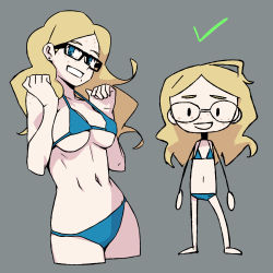 Rule 34 | 2girls, bikini, blonde hair, breasts, flat chest, glasses, highres, hotelblue, large breasts, long hair, madeline (hotelblue), multiple girls, navel, swimsuit