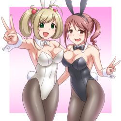 Rule 34 | 10s, 2girls, :d, animal ears, ass grab, bare shoulders, black leotard, blonde hair, blush, bow, bowtie, breasts, brown eyes, brown hair, brown legwear, cleavage, covered navel, cowboy shot, detached collar, fake animal ears, female focus, gradient background, green eyes, hair bobbles, hair ornament, hand on another&#039;s shoulder, idolmaster, idolmaster cinderella girls, leotard, looking at viewer, mifune miyu, multiple girls, open mouth, outside border, pantyhose, pataneet, pink background, playboy bunny, ponytail, rabbit ears, rabbit tail, sato shin, short hair, simple background, smile, standing, tail, thighs, twintails, v, white leotard, wrist cuffs