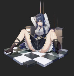 Rule 34 | 1girl, absurdres, arknights, arms up, astesia (arknights), blue eyes, blue hair, bound, bound arms, box, cardboard box, checkered floor, dress, high heels, highres, lcy bingzi, long hair, restrained, rope, spread legs, thighs