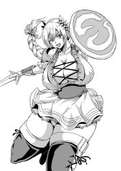 Rule 34 | 1girl, boots, braid, breasts, elk shield, hair ornament, huge breasts, long hair, mifune seijirou, monochrome, open mouth, shield, skirt, solo, sophitia alexandra, soul calibur, soulcalibur, soulcalibur vi, sword, thigh boots, thighhighs, thighs, weapon