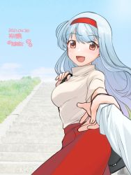 Rule 34 | 1girl, 1other, alternate costume, beige sweater, blue sky, bobokuboboku, brown eyes, cloud, commentary request, dated, day, dragging, hairband, kantai collection, long hair, looking at viewer, outdoors, pov, short sleeves, shoukaku (kancolle), silver hair, sky, smile, stairs, twitter username