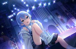 Rule 34 | 1girl, blue eyes, blue hair, game cg, hololive, hoshimachi suisei, idolmaster, idolmaster cinderella girls, idolmaster cinderella girls starlight stage, official art, open mouth, sitting, solo, stage lights, virtual youtuber
