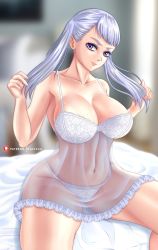 Rule 34 | bedside, black clover, bra, breasts, highres, kactzzu, lace, lace-trimmed panties, lace trim, large breasts, lingerie, lipstick, makeup, negligee, noelle silva, panties, purple eyes, silver hair, thick thighs, thighs, twintails, underwear, white bra, white lingerie, white panties