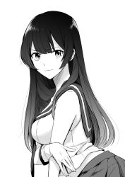 Rule 34 | 1girl, agano (kancolle), breasts, from side, greyscale, highres, kantai collection, long hair, looking at viewer, looking to the side, midriff, monochrome, morinaga miki, pleated skirt, school uniform, serafuku, simple background, skirt, solo, white background