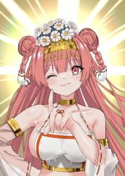 Rule 34 | 1girl, absurdres, alternate costume, alternate hairstyle, blush, breasts, closed mouth, detached sleeves, double bun, flower, hair bun, hair rings, headdress, highres, hololive, houshou marine, index finger raised, large breasts, long hair, looking at viewer, one eye closed, red eyes, red hair, ribbon-trimmed sleeves, ribbon trim, saitama (antitankromeo), see-through, see-through sleeves, simple background, solo, upper body, virtual youtuber, white flower