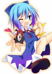 Rule 34 | 2girls, :&lt;, ;d, bad id, bad pixiv id, bat wings, blue eyes, blue hair, bow, chibi, cirno, embodiment of scarlet devil, gradient hair, hair bow, head wings, heart, hinata ichi, in palm, koakuma, long hair, mini person, minigirl, multicolored hair, multiple girls, necktie, no wings, one eye closed, open mouth, red eyes, red hair, short hair, smile, touhou, very long hair, vest, wings, wink