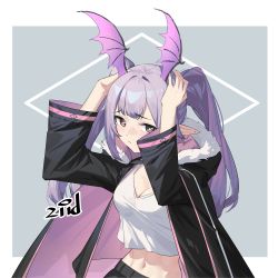 Rule 34 | 1girl, arknights, arms up, blush, border, breasts, bright pupils, cleavage, closed mouth, coat, covering head, fur-trimmed hood, fur trim, grey background, head wings, highres, hood, hood down, hooded coat, long hair, looking at viewer, manticore (arknights), medium breasts, midriff, navel, open clothes, open coat, outside border, photoshop (medium), pointy ears, purple hair, red eyes, shirt, signature, solo, twintails, two-tone background, upper body, very long hair, white border, white shirt, wings, zidu (9478296)