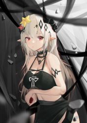 Rule 34 | 1girl, absurdres, arknights, armlet, bare shoulders, black choker, breasts, choker, cleavage, closed mouth, collarbone, cowboy shot, floating rock, flower, gradient background, grey hair, hair flower, hair ornament, highres, holding, horns, jewelry, large breasts, long hair, looking at viewer, mudrock (arknights), mudrock (silent night) (arknights), necklace, official alternate costume, red eyes, red flower, sarong, solo, tkkz, white hair, yellow flower
