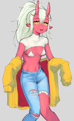 Rule 34 | 1girl, absurdres, asymmetrical pants, bikini, bikini top only, blue pants, breasts, colored skin, crop top, denim, grey background, hair between eyes, hair ornament, hairclip, highres, horns, jacket, jeans, kolomari, long hair, looking at viewer, navel, off shoulder, oni, oni horns, open clothes, open jacket, open mouth, original, pants, ponytail, red oni, red skin, short sleeves, simple background, small breasts, solo, swimsuit, torn clothes, white bikini, white hair, yellow jacket