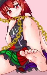 Rule 34 | 1girl, akabashi yuusuke, bare shoulders, barefoot, chain, clothes writing, feet, frilled skirt, frills, frown, hat, hecatia lapislazuli, highres, miniskirt, multicolored clothes, multicolored skirt, off shoulder, red eyes, red hair, shirt, skirt, soles, solo, sweat, t-shirt, toes, touhou