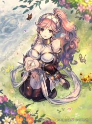 Rule 34 | 1girl, bare shoulders, braid, breasts, bug, butterfly, cleavage, company name, copyright name, fire emblem, fire emblem awakening, fire emblem cipher, grass, hairband, insect, kishida kotetsu, large breasts, long hair, looking at viewer, nintendo, official art, olivia (fire emblem), outdoors, parted lips, petals, pink eyes, pink hair, ponytail, side braid, side braids, sitting, smile, solo, thighhighs, twin braids, water, wavy hair, white thighhighs
