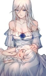 Rule 34 | 2girls, aged down, bare shoulders, blue eyes, blue flower, blue rose, blush, braid, breasts, cecilia schariac, child, cleavage, closed eyes, closed mouth, commentary request, dress, flower, hair between eyes, happy, headpat, highres, honkai (series), honkai impact 3rd, humidifier, kiana kaslana, lap pillow, long hair, lying, medium breasts, mother and daughter, multiple girls, on side, rose, silver hair, sketch, sleeveless, sleeveless dress, smile, strapless, strapless dress, twin braids, very long hair, white dress
