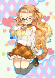 Rule 34 | 1girl, animal ears, black thighhighs, blonde hair, blush, bow, breasts, btoor, cat ears, cat tail, copyright notice, dated, finger to mouth, full body, glasses, green eyes, hair bow, loafers, looking at viewer, one eye closed, paw print, plaid, plaid skirt, pleated skirt, school uniform, serafuku, shoes, sid story, skirt, solo, tail, tail bow, tail ornament, thighhighs
