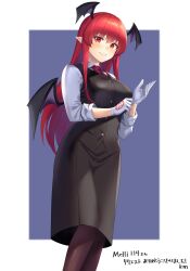 Rule 34 | 1girl, adjusting clothes, adjusting gloves, black skirt, black vest, blue background, breasts, brown pantyhose, buttons, collared shirt, commission, demon girl, demon wings, gloves, head wings, highres, koakuma, large breasts, long hair, long sleeves, looking at viewer, necktie, pantyhose, pentagram, red eyes, red hair, red necktie, shirt, skeb commission, skirt, skirt set, solo, tarmo, touhou, vest, white gloves, white shirt, wings