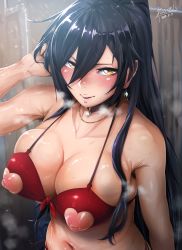Rule 34 | 1girl, absurdres, arm at side, arm up, armpit hair, bad id, bad pixiv id, bare arms, bare shoulders, bikini, black hair, blush, bow, breasts, breath, brown collar, cleavage, clothing cutout, collar, collarbone, dated, earrings, from above, front-tie bikini top, front-tie top, gem, glint, hair between eyes, half-closed eyes, hand in own hair, heart cutout, hero neisan, highres, idolmaster, idolmaster shiny colors, jewelry, large breasts, long hair, looking at viewer, navel, necklace, nippleless clothes, nipples, nose blush, parted lips, ponytail, red bikini, red bow, shiny skin, shirase sakuya, side-tie bikini bottom, sidelocks, signature, smile, solo, standing, steam, stomach, sweat, swept bangs, swimsuit, upper body, yellow eyes