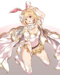 Rule 34 | 1girl, :d, animal ears, armpits, bad id, bad pixiv id, belt, between legs, blonde hair, blush, breasts, cleavage, detached collar, djeeta (granblue fantasy), fake animal ears, flower, full body, granblue fantasy, hair flower, hair ornament, hairband, hand between legs, head tilt, high heels, highres, kneeling, leotard, looking at viewer, maechuu, medium breasts, open clothes, open mouth, playboy bunny, rabbit ears, red eyes, short hair, short sleeves, smile, solo, strapless, strapless leotard, thighhighs, white flower, white footwear, white hairband, white leotard, white thighhighs, wrist cuffs