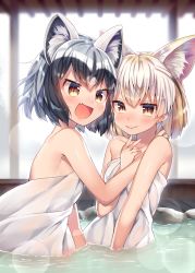 Rule 34 | 10s, 2girls, :d, animal ears, backlighting, bare arms, bare shoulders, black hair, blonde hair, blush, breasts, brown eyes, closed mouth, commentary request, common raccoon (kemono friends), fang, fennec (kemono friends), fox ears, grey hair, hand on another&#039;s chest, hand on another&#039;s shoulder, highres, kemono friends, lens flare, looking at viewer, multicolored hair, multiple girls, naked towel, ntk (7t5), onsen, open mouth, partially submerged, pink hair, raccoon ears, rock, shiny skin, short hair, sideboob, slit pupils, small breasts, smile, streaked hair, towel, water, white hair
