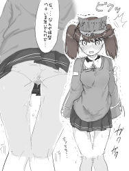 Rule 34 | 1girl, arms at sides, ass, blush, breasts, embarrassed, female focus, from behind, gekiteki na beefsteak, have to pee, headgear, highres, japanese text, kantai collection, kneepits, knees together feet apart, long sleeves, looking at viewer, miniskirt, monochrome, motion lines, multiple views, neck ribbon, nose blush, open mouth, panties, pantyshot, pee, peeing, peeing self, pleated skirt, ribbon, ryuujou (kancolle), school uniform, shirt, short hair, simple background, sketch, skirt, sleeves past wrists, small breasts, speech bubble, spot color, standing, straight-on, sweat, swept bangs, talking, tears, text focus, thigh gap, translation request, twintails, underwear, upskirt, v-shaped eyebrows, wet, wet clothes, wet panties, white background