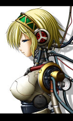 Rule 34 | 1girl, absurdres, aegis (persona), android, atlus, blonde hair, blue eyes, breasts, cable, ebisu (amagi seitetsujo), ebisu (artist), gauge, half-closed eyes, highres, letterboxed, mechanical parts, persona, persona 3, short hair, solo, white background