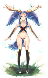 Rule 34 | 10s, 1girl, antlers, bare shoulders, black hair, blue eyes, blue hair, boots, breasts, bridal gauntlets, censored, convenient censoring, creatures (company), female focus, full body, game freak, gen 6 pokemon, groin, highres, horns, knee boots, legendary pokemon, long hair, maebari, matching hair/eyes, nail polish, naso4, navel, nintendo, open mouth, personification, pokemon, pokemon xy, revealing clothes, simple background, small breasts, solo, standing, tail, thigh boots, thighhighs, twintails, white background, xerneas