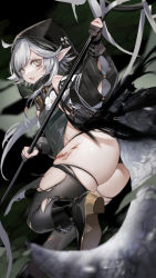 Rule 34 | 1girl, arknights, ass, ass focus, black background, black footwear, black gloves, blood, blood on face, blood on leg, blurry, blurry foreground, boots, commentary, crocodilian tail, flower, gloves, goggles, goggles around neck, grey hair, highres, holding, holding staff, hood, hood up, hooded shirt, large tail, leg up, looking at viewer, nima (niru54), partially fingerless gloves, pointy ears, simple background, slit pupils, solo, staff, tail, thighhighs, tomimi (arknights), torn clothes, torn thighhighs, waist cutout, white flower, yellow eyes