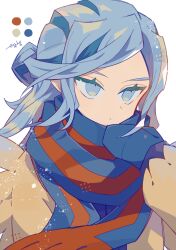 Rule 34 | 1boy, auko, bad hands, blue eyes, blue hair, blue mittens, blue scarf, brown jacket, color guide, commentary request, creatures (company), dot mouth, game freak, grusha (pokemon), highres, jacket, light blue hair, long hair, looking to the side, male focus, mittens, nintendo, pokemon, pokemon sv, red scarf, scarf, signature, simple background, solo, two-tone scarf, upper body, white background