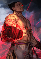 Rule 34 | 1boy, abs, black hair, clenched hands, closed mouth, fingerless gloves, gloves, glowing, glowing eye, hungry clicker, large pectorals, male focus, mishima kazuya, muscular, muscular male, pants, pectorals, red gloves, scar, scar on chest, short hair, solo, spiked hair, tekken, tekken 8, topless male, white pants