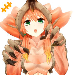 Rule 34 | +++, 1girl, :o, aguila, breasts, claw pose, claws, commentary request, gradient hair, green eyes, hair between eyes, hair over shoulder, hair tie, hands up, head tilt, highres, long hair, looking at viewer, medium breasts, monster girl, multicolored hair, open mouth, orange hair, personification, simple background, solo, teeth, twintails, ultra kaijuu gijinka keikaku, ultra series, upper body, upper teeth only, watarui, white background