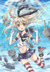 Rule 34 | 10s, 1girl, :3, air bubble, blonde hair, bubble, elbow gloves, fish, gloves, highres, kantai collection, long hair, panties, pleated skirt, rensouhou-chan, shimakaze (kancolle), shirushi, skirt, solo, striped clothes, striped thighhighs, thighhighs, underwear, | |, || ||