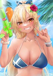 Rule 34 | 1girl, absurdres, alternate costume, armpit crease, armpits, bikini, blonde hair, blue bikini, blue bow, blue sky, blush, bow, bracelet, breasts, collarbone, commentary request, dark-skinned female, dark skin, day, elf, eyelashes, finger to cheek, flower, hair between eyes, hair bow, hair flower, hair ornament, hands up, high ponytail, highres, holding, hololive, jewelry, jiejeat, large breasts, long hair, multicolored hair, ocean, orange eyes, outdoors, palm tree, parted bangs, pointy ears, ponytail, shadow, shiranui flare, sky, smile, solo, streaked hair, sweatdrop, swimsuit, teeth, tree, underboob, upper body, virtual youtuber, water gun