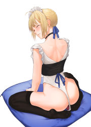 Rule 34 | 1girl, ahoge, artoria pendragon (all), artoria pendragon (fate), ass, black thighhighs, blonde hair, blush, choker, closed eyes, dildo, dildo under panties, fate/stay night, fate (series), highres, leotard, looking to the side, maid, maid headdress, pillow, pussy juice, saber (fate), sex toy, sitting, smile, solo, tamamoice, thighhighs