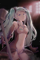 Rule 34 | 1girl, absurdres, aqua eyes, black gloves, black thighhighs, breasts, covered navel, cowboy shot, elbow gloves, gloves, green hair, hatsune miku, head tilt, highres, indoors, leotard, light particles, long hair, looking at viewer, medium breasts, microphone, microphone stand, open mouth, racing miku, racing miku (2011), see-through, shiny clothes, small breasts, solo, sparkle, standing, swept bangs, thighhighs, twintails, very long hair, vocaloid, white leotard, yukiko (snow boy)