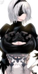 Rule 34 | 1girl, 2b (nier:automata), absurdres, black blindfold, black hairband, black shirt, blindfold, breasts, cleavage, cleavage cutout, clothing cutout, facing to the side, grey hair, hairband, hand on own hip, highres, huge breasts, kinakomochi (user vedc2333), leotard, nier:automata, nier (series), shirt, short hair, simple background, white background, white leotard