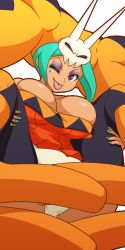 Rule 34 | 1girl, breasts, cerebella (skullgirls), covering privates, covering crotch, eyeshadow, green hair, green lips, green nails, hat, large breasts, leg grab, makeup, mike inel, nail polish, one eye closed, panties, purple eyes, skullgirls, smile, solo, spread legs, tongue, tongue out, transparent background, underwear, upskirt, vice-versa (skullgirls)