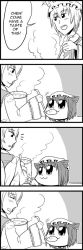 Rule 34 | 2girls, 4koma, :3, animal hat, bkub, blush, chen, clothes grab, comic, earrings, female focus, food, greyscale, hard-translated, hat, hat with ears, jewelry, ladle, long image, mob cap, monochrome, multiple girls, mob cap, pot, shirt tug, sleeve grab, soup, steam, tall image, tasting, third-party edit, touhou, translated, two-tone background, wide sleeves, yakumo ran