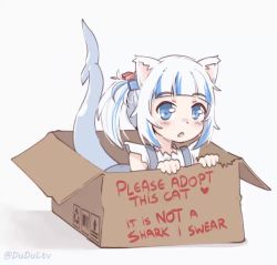 Rule 34 | 1girl, animal ears, animated, blinking, blue eyes, blue hair, blunt bangs, box, cardboard box, cat ears, cube hair ornament, dudul, english text, fins, fish tail, for adoption, gawr gura, gawr gura (casual), hair ornament, hololive, hololive english, in box, in container, looking at viewer, looping animation, lowres, multicolored hair, open mouth, shark tail, side ponytail, solo, streaked hair, tail, tail wagging, twitter username, two-tone hair, video, virtual youtuber, white hair