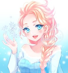 Rule 34 | 1girl, bare shoulders, blonde hair, blue eyes, blush, braid, braided ponytail, elsa (frozen), elsa the snow queen, facing viewer, frozen (disney), hair over shoulder, long hair, looking at viewer, magic, no bra, outdoors, sasucchi, smile, snow, snowflakes, snowing, solo, upper body, winter