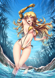 Rule 34 | 1girl, adsouto, ahoge, arm up, armpits, blonde hair, blue sky, blush, breasts, cleavage, day, gauntlets, gluteal fold, highres, large breasts, long hair, looking at viewer, navel, one-piece swimsuit, open mouth, outdoors, palm tree, pants, prosthesis, prosthetic arm, purple eyes, running, rwby, sky, slingshot swimsuit, smile, solo, splashing, spoilers, swimsuit, teeth, thigh gap, tree, wading, water, yang xiao long, yellow one-piece swimsuit, yellow slingshot swimsuit